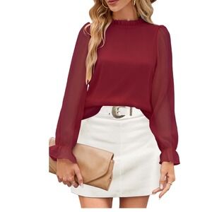 Aifer Ruffle Neck Sheer Sleeve Blouse Burgundy Elegant Top XL ‎ NWT Holiday gift